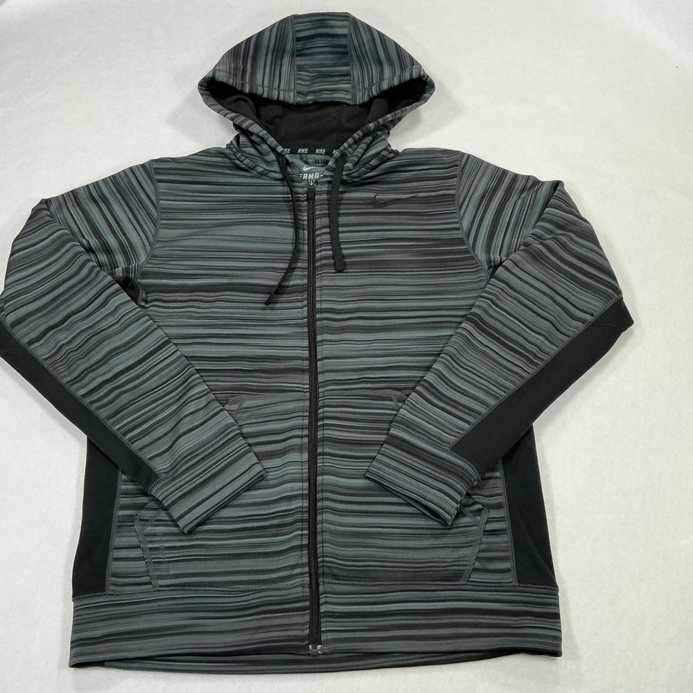 Nike Therma-FIT Hoodie Mens Medium Grey Black Striped Full Zip Sweatshirt 1273